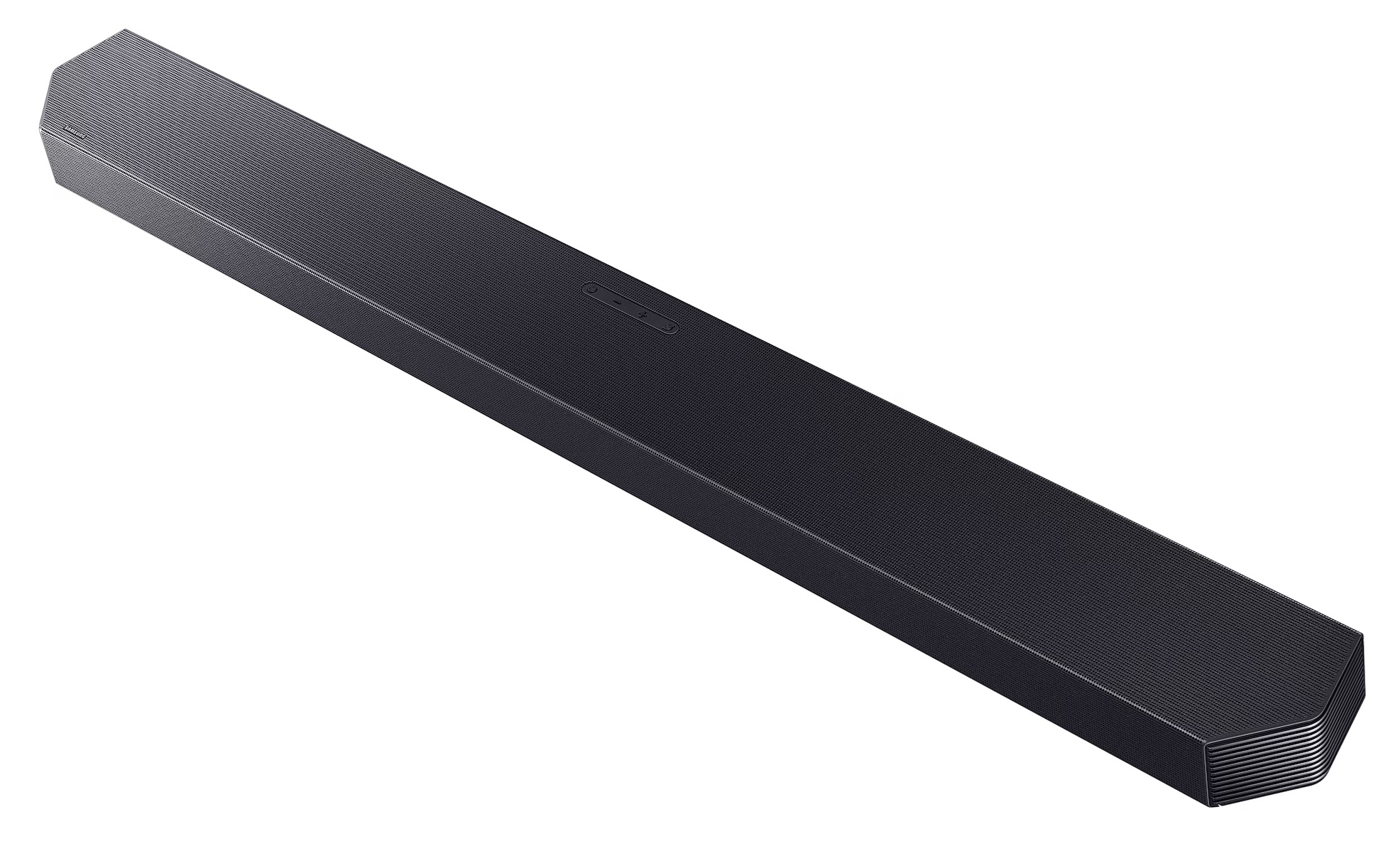 Czarny, prostokątny głośnik soundbar z prążkowaną teksturą i przyciskami.