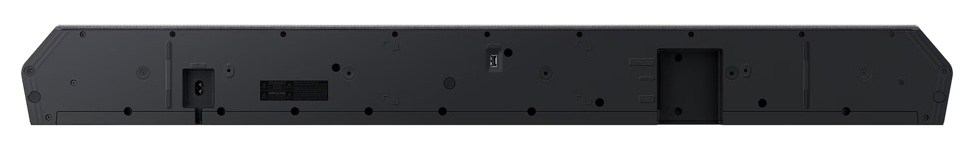 Tył czarnej listwy dźwiękowej z portami zasilania, USB i HDMI.
