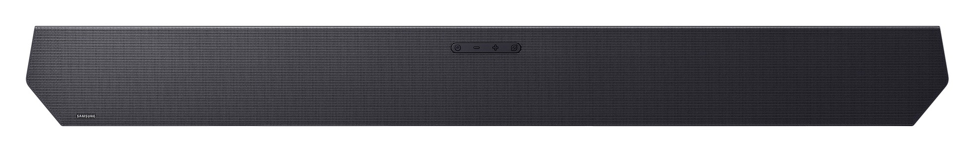 Czarny soundbar Samsung z prążkowanym przodem i przyciskami.