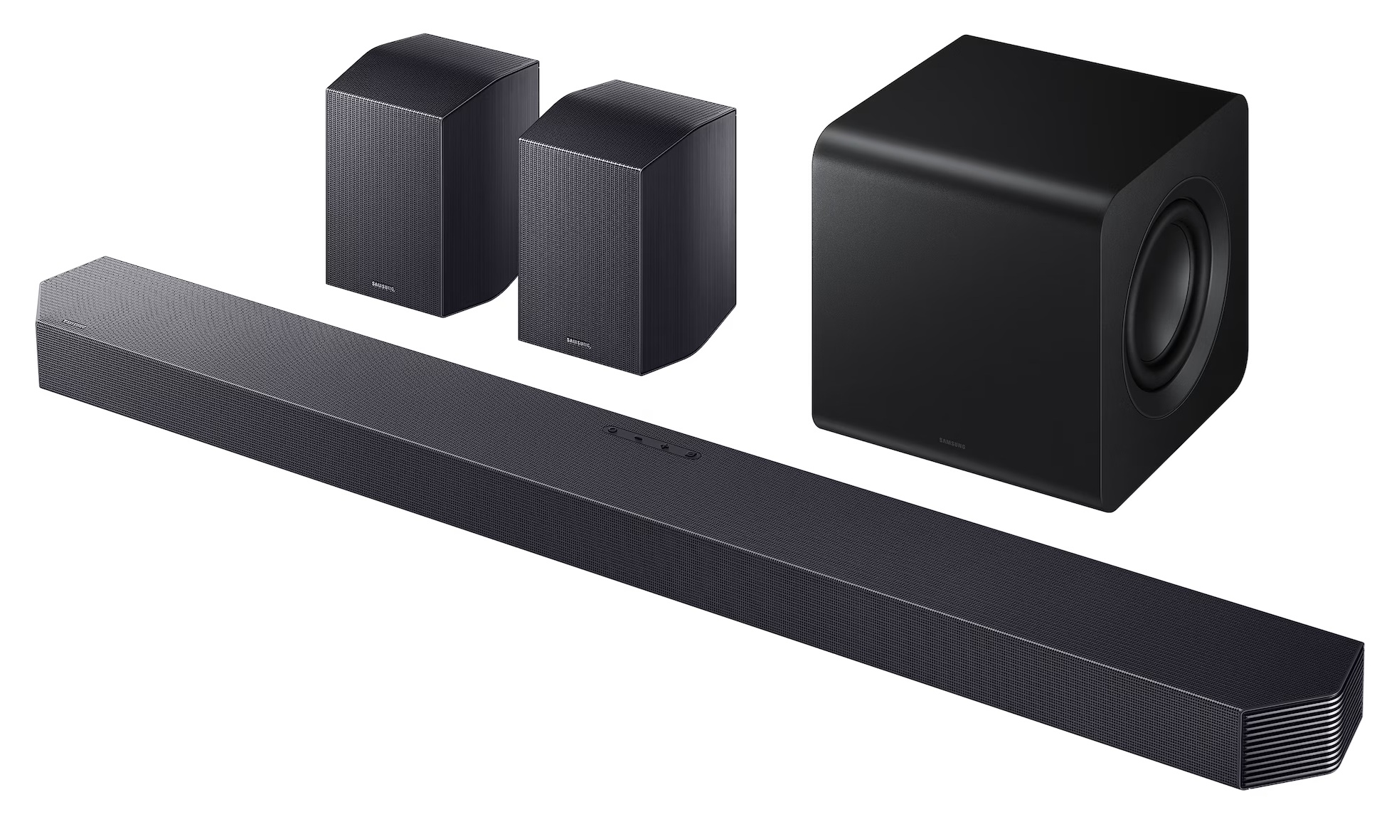Czarna listwa dźwiękowa, dwa głośniki i subwoofer na białym tle.