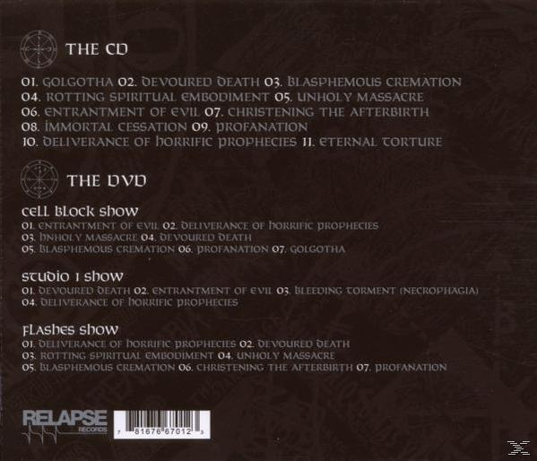 Trackliste für CD, DVD (Cell Block, Studio 1, Flashes) und Relapse Records Barcode.
