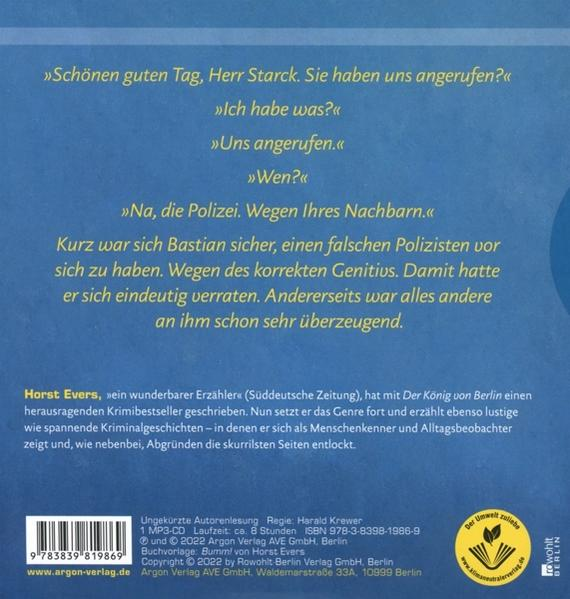 Ein Buchcover mit Dialogen und Text über Horst Evers und eine Krimigeschichte.