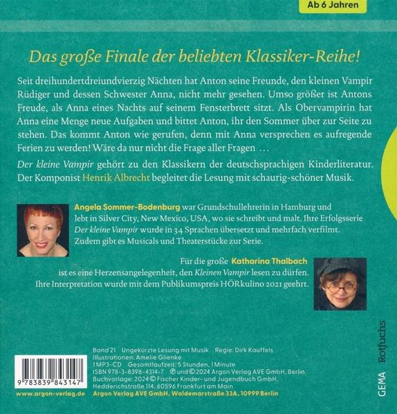 Buchcover mit Text über "Der kleine Vampir", Autorin, Sprecherin und Details.
