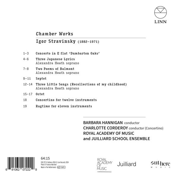 CD-Rückseite mit Igor Strawinskys Kammermusik, Titeln und Künstlern.