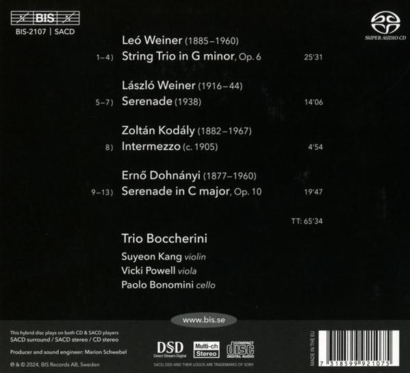 CD-Rückseite mit Werkliste: Leó Weiner, László Weiner, Zoltán Kodály, Ernő Dohnányi. Mit Trio Boccherini.