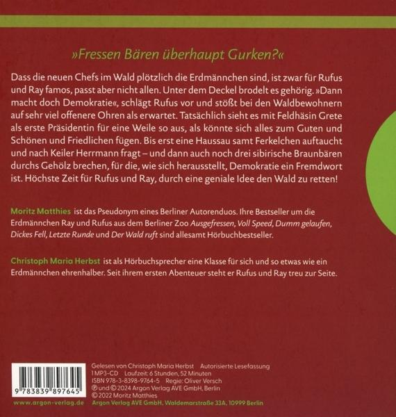 Ein Buchcover mit Titel, Text über Erdmännchen und Bären, Autoreninfos und ISBN.