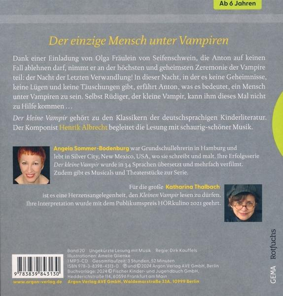 Buchrücken mit Text über das Hörbuch 'Der einzige Mensch unter Vampiren' und Fotos.