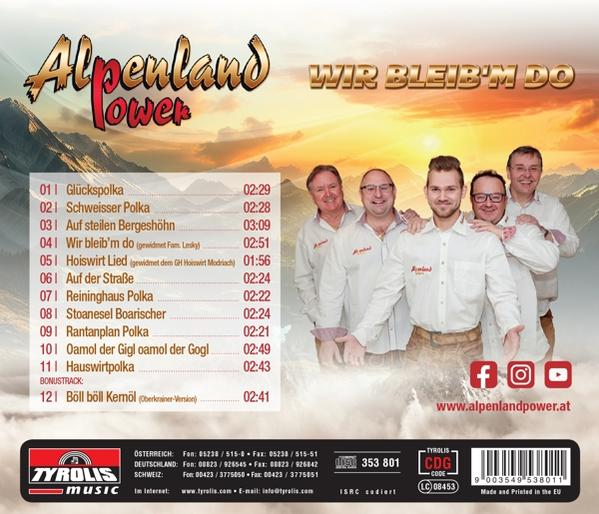 Fünf Männer in weißen Hemden posieren vor Bergkulisse mit Titel und Songliste.