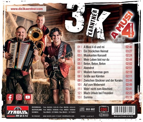 Drei Männer in Tracht spielen Instrumente, Liste mit Liedtiteln und Laufzeiten.