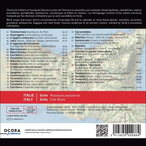 Eine CD-Hülle mit Liedtiteln und Laufzeiten auf Italienisch und Englisch.
