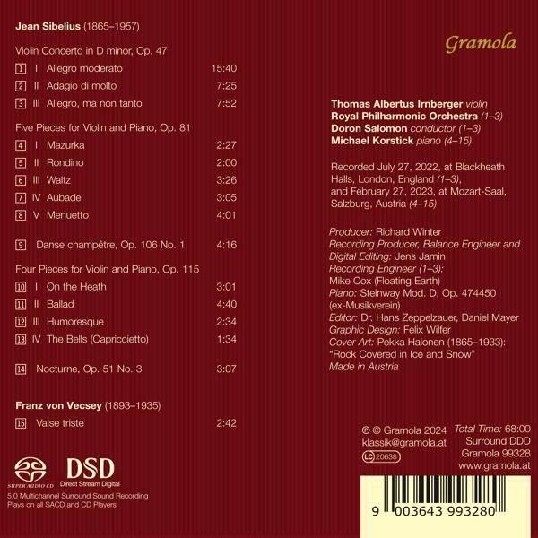 CD-Rückseite mit Werkliste von Jean Sibelius und Franz von Vecsey, Interpreten und Produktionsdetails.