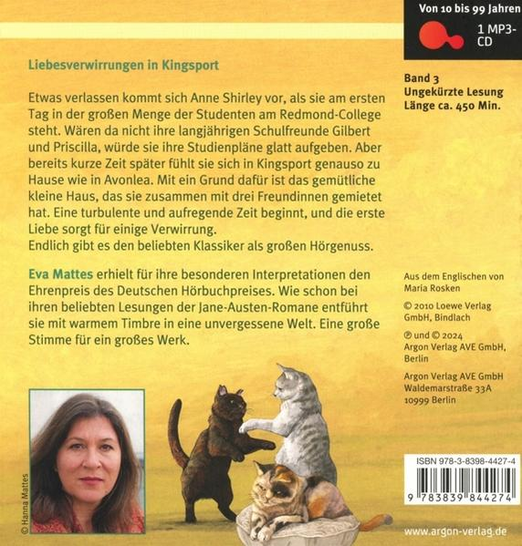Cover eines Hörbuchs mit einem Porträt einer Frau und drei Katzen