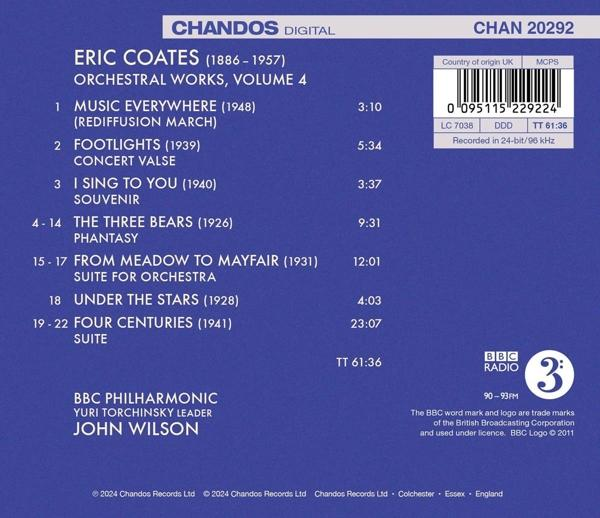 CD-Rückseite mit Titelliste für Eric Coates' Orchestral Works, Vol. 4.