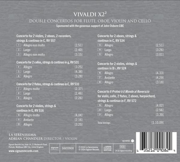 Vivaldi X22 Doppelkonzerte: Liste der Stücke, Gesamtspielzeiten und Angaben.
