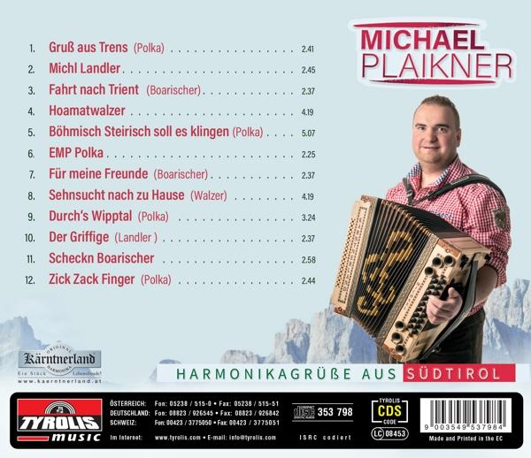 Michael Plaikner mit Ziehharmonika, Trackliste und Logos.