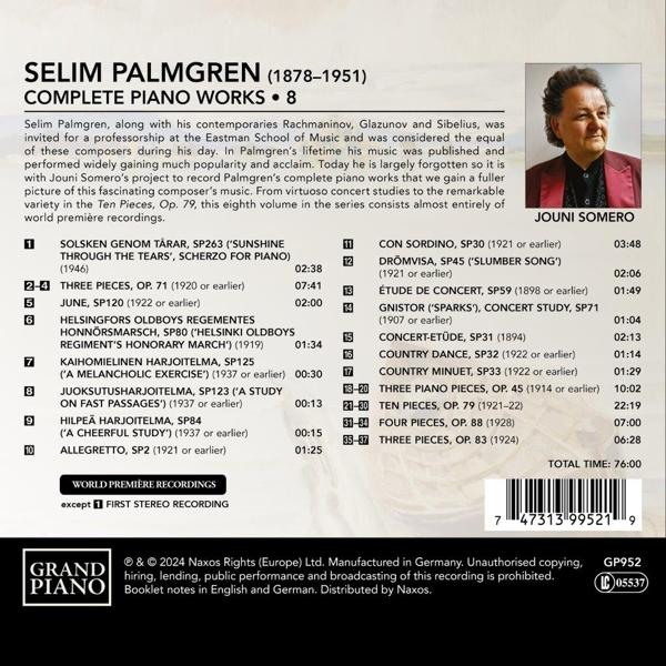 Albumcover mit Porträt eines Mannes, Titel und Trackliste für „Selim Palmgren: Complete Piano Works 8“.