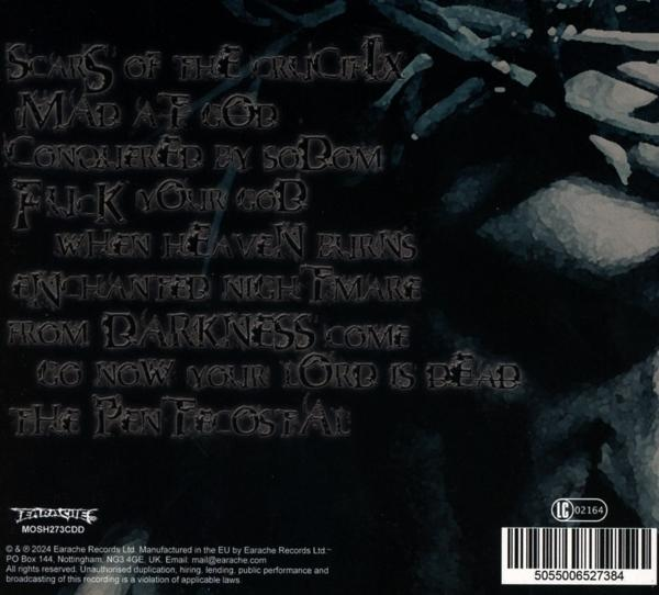 Schwarzer Hintergrund mit weißer Schriftzug-Liste und Barcode.