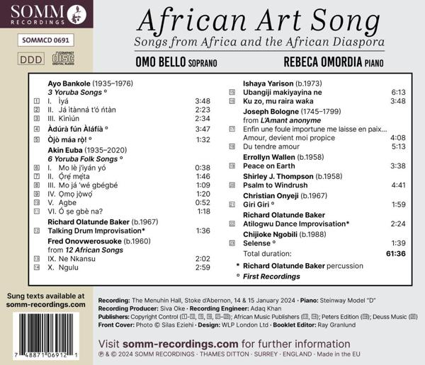 CD-Rückseite mit Songliste für 'African Art Song' von Omo Bello und Rebeca Omordia.