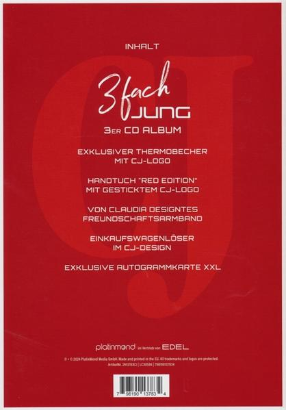 Roter Hintergrund mit weißem Text über den Inhalt eines 3er CD-Albums.