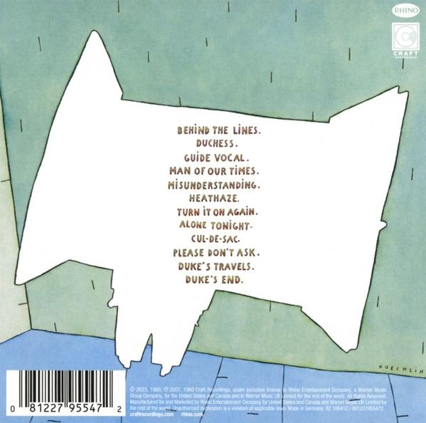 Albumrückseite mit Songliste: Behind the Lines, Duchess, Guide Vocal, etc. Barcode unten.