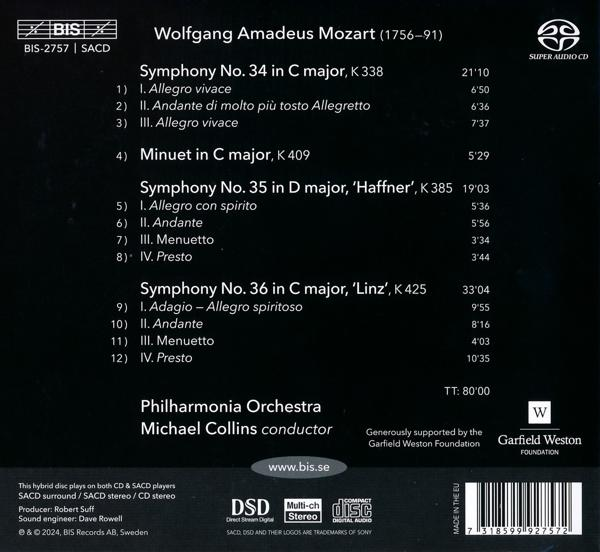 CD-Rückseite mit Werkliste von Mozart-Symphonien, Philharmonia Orchestra, Michael Collins.