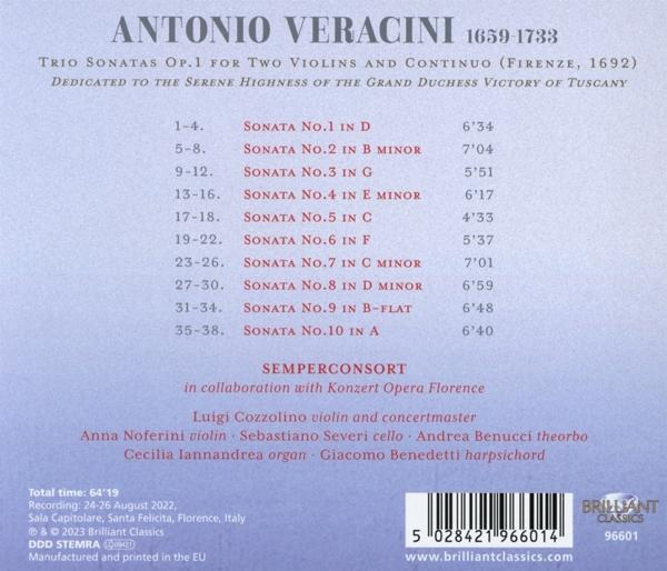 Albumcover mit Antonio Veracini, Triosonaten, Trackliste und Infos.