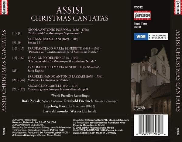 CD-Rückseite mit Titel "Assisi Christmas Cantatas", Komponisten und Titeln.