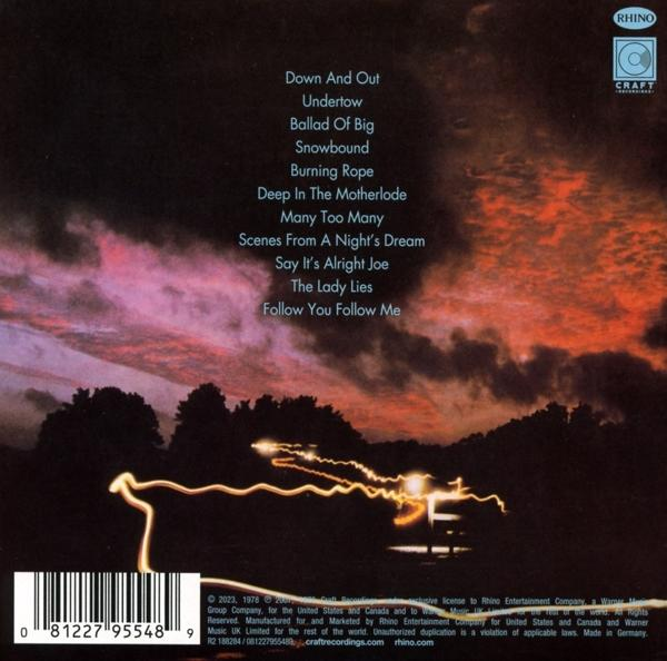 Albumcover mit Titelliste und Barcode. Dramatischer Sonnenuntergangshimmel über Bäumen und Lichtspuren.