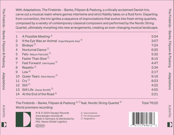 Rückseite eines Albumcovers mit Trackliste, Text und Barcode auf rosa Hintergrund.