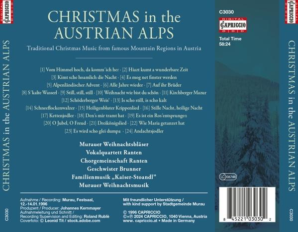 CD-Cover: "Christmas in the Austrian Alps" mit Titel, Künstlern, Liedliste und Barcode.