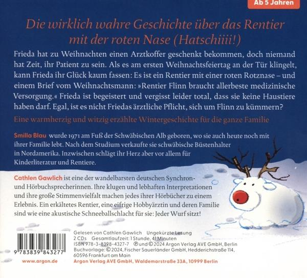 Ein Buchcover mit einem Rentier mit roter Nase und Text über eine Weihnachtsgeschichte.
