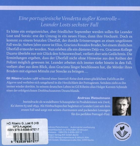 Buchcover mit deutschem Krimi-Text, Porträt eines Mannes und Barcode.