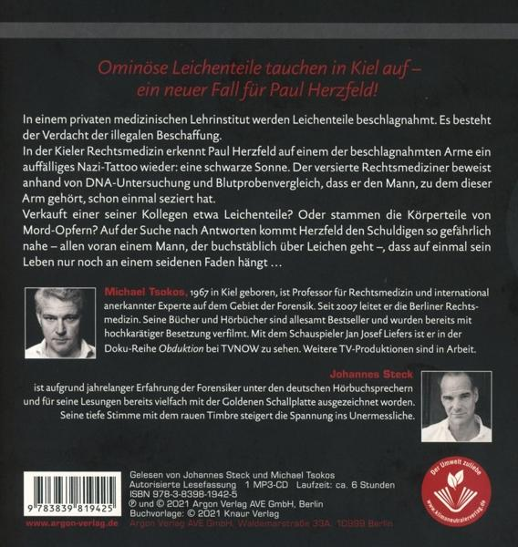 Buchcover mit Text über einen Kriminalroman und Porträts zweier Männer.