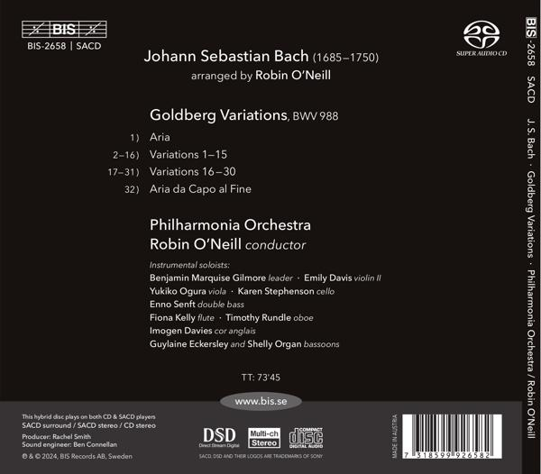 CD-Cover für Bachs Goldberg-Variationen mit Orchester- und Solistenliste.