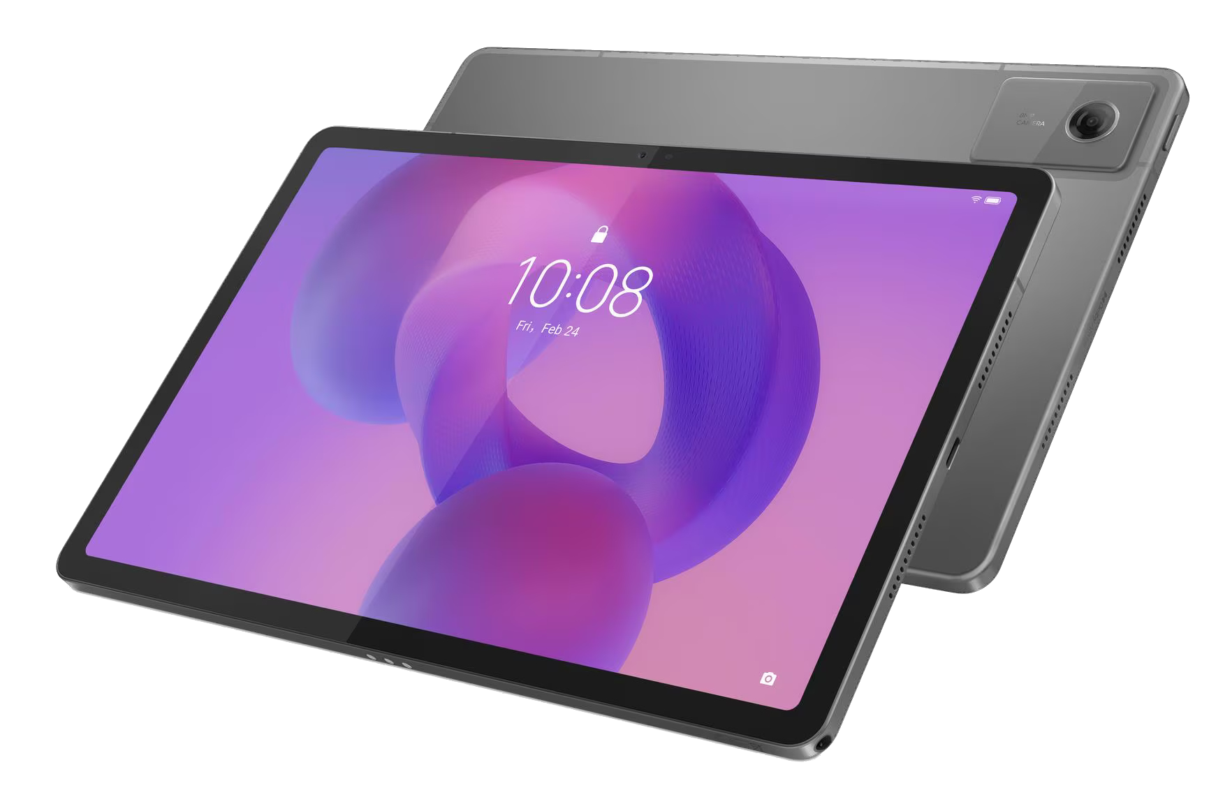 Szary tablet wyświetla godzinę 10:08 na ekranie, z widocznym aparatem.