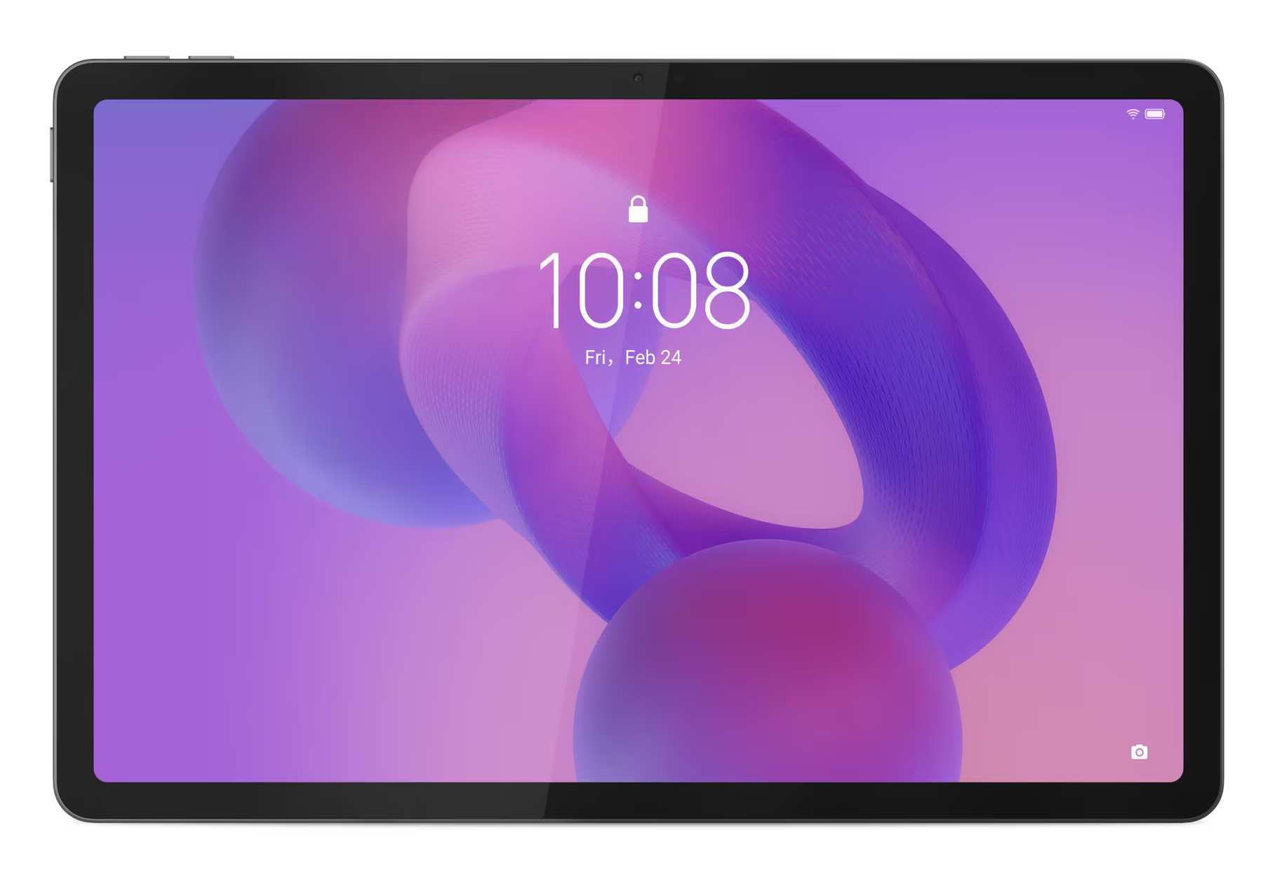 Ciemny tablet wyświetla 10:08 na fioletowym, abstrakcyjnym tle.