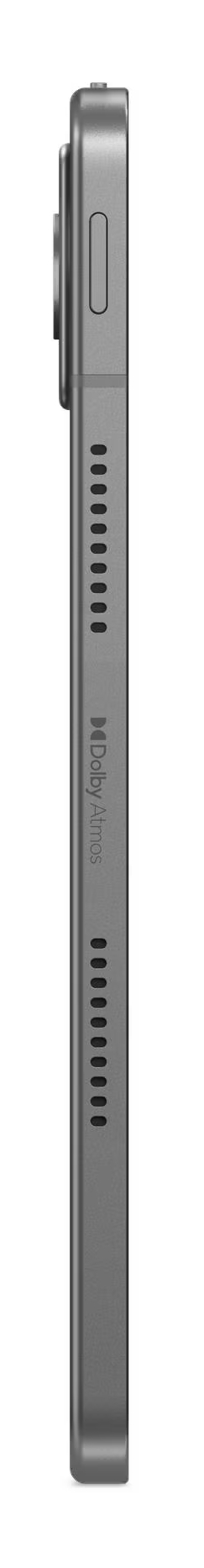 Szary tablet z otworami głośnikowymi i logo Dolby Atmos z boku.