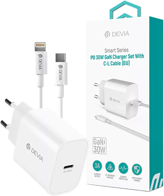 DEVIA Smart Series GaN hálózati gyorstöltő adapter kábellel, PD, QC, 30W, USB-C Lightning, fehér (ST109568)
