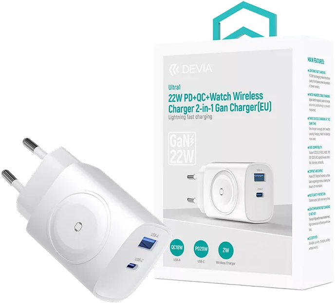 DEVIA Ultra1 2az1-ben hálózati gyorstöltő adapter és Apple Watch töltő, PD, QC, 22W, fehér (ST131026)