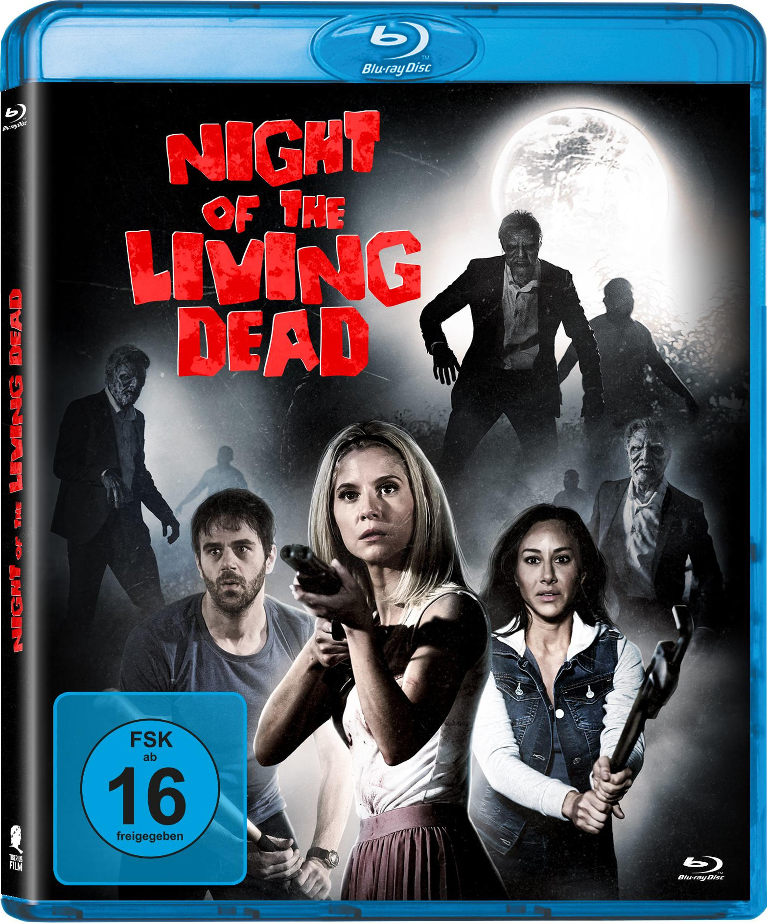 Cover eines Horrorfilms mit Zombies und Überlebenden vor Mondlicht.