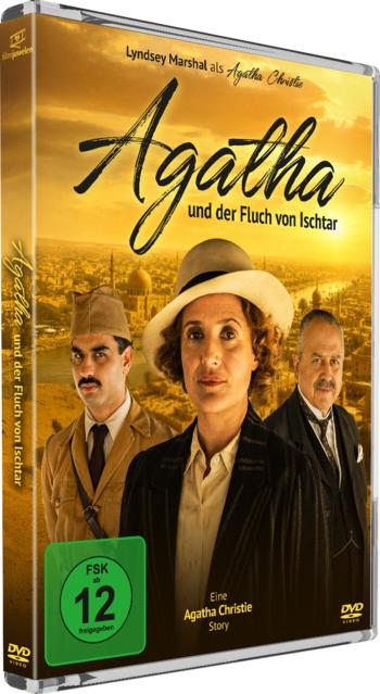 DVD-Cover: Drei Personen vor einer Stadtkulisse, Titel "Agatha und der Fluch von Ischtar".