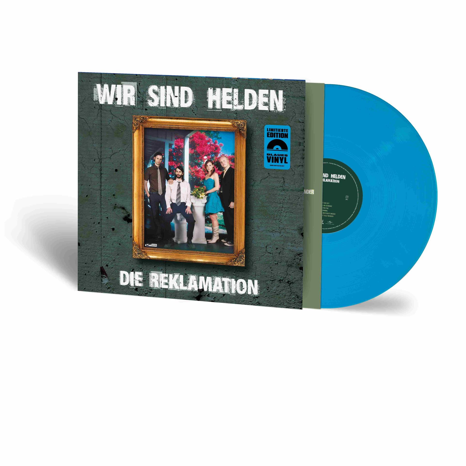 Cover mit Bandfoto in Goldrahmen und blauer Schallplatte. "Wir sind Helden".