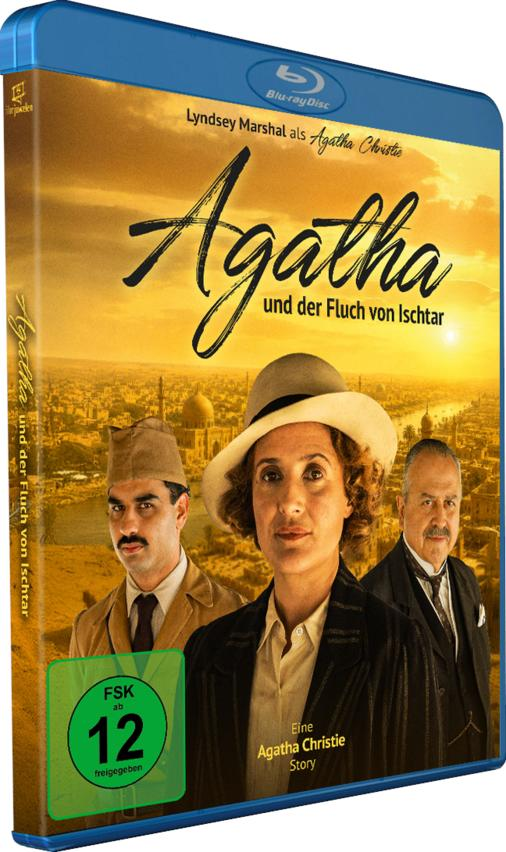 Blu-ray Cover: Drei Personen vor einer Stadtkulisse im Sonnenuntergang. Titel: Agatha.