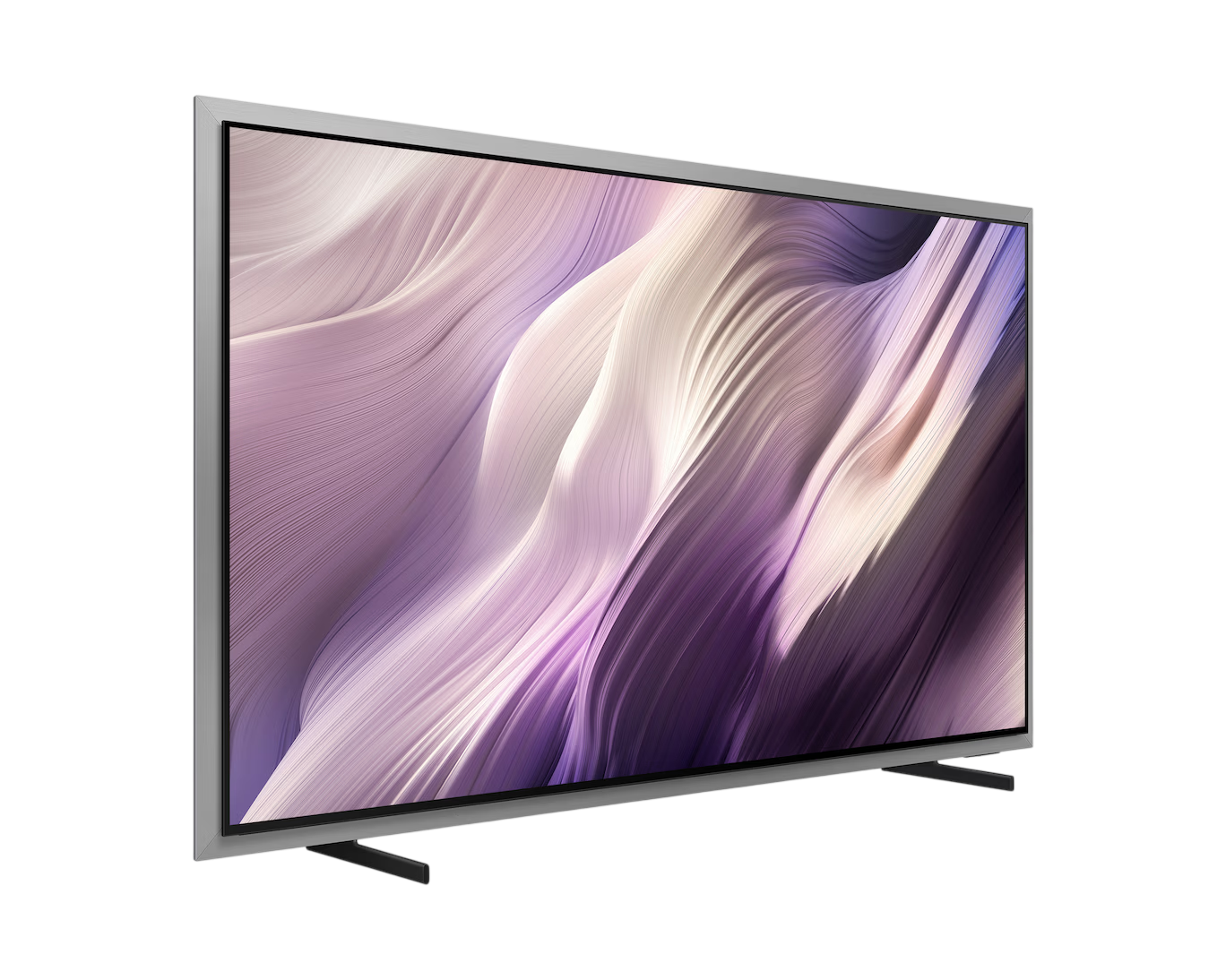 Gümüş çerçeveli modern düz ekran TV, soyut mor ve beyaz dalgalar gösteriyor.