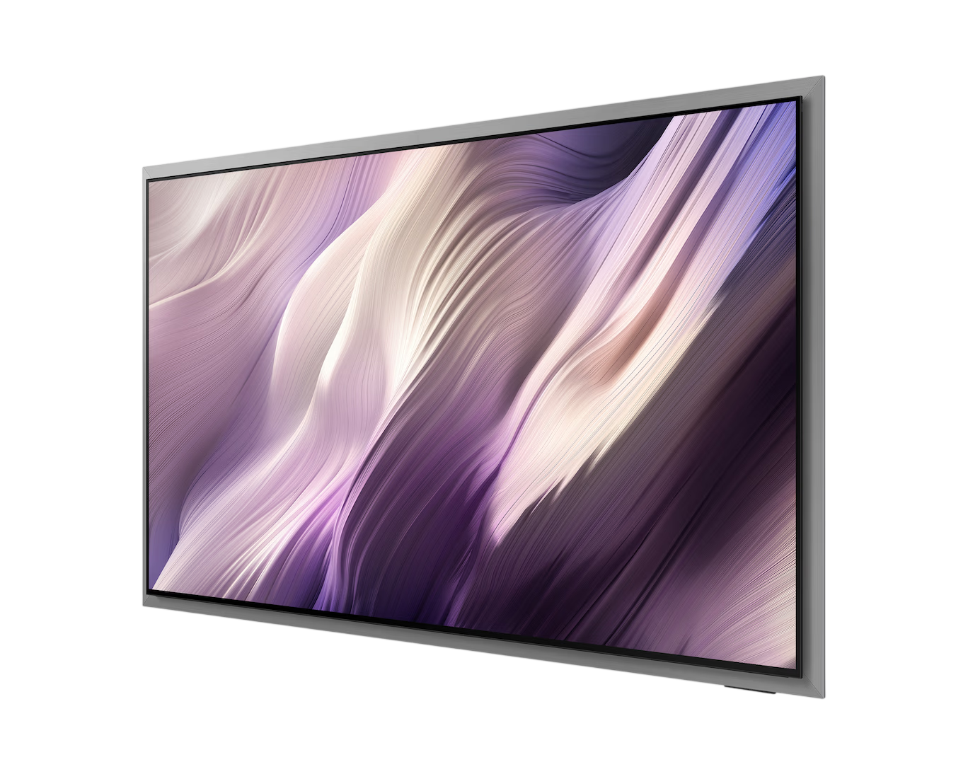 Gümüş çerçeveli modern bir düz ekran TV, soyut mor ve beyaz dalgalı bir grafik gösteriyor.