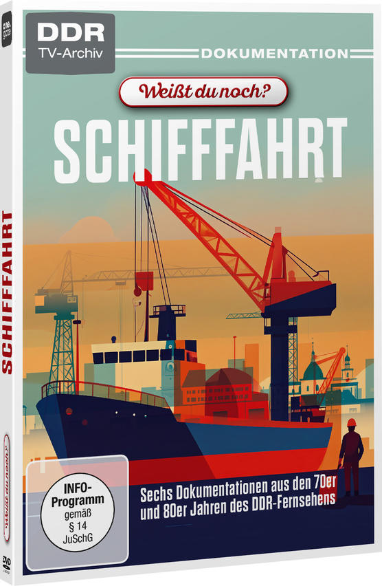 Ein Frachtschiff mit Kranen im Hafen, DDR-TV-Archiv-Dokumentation.