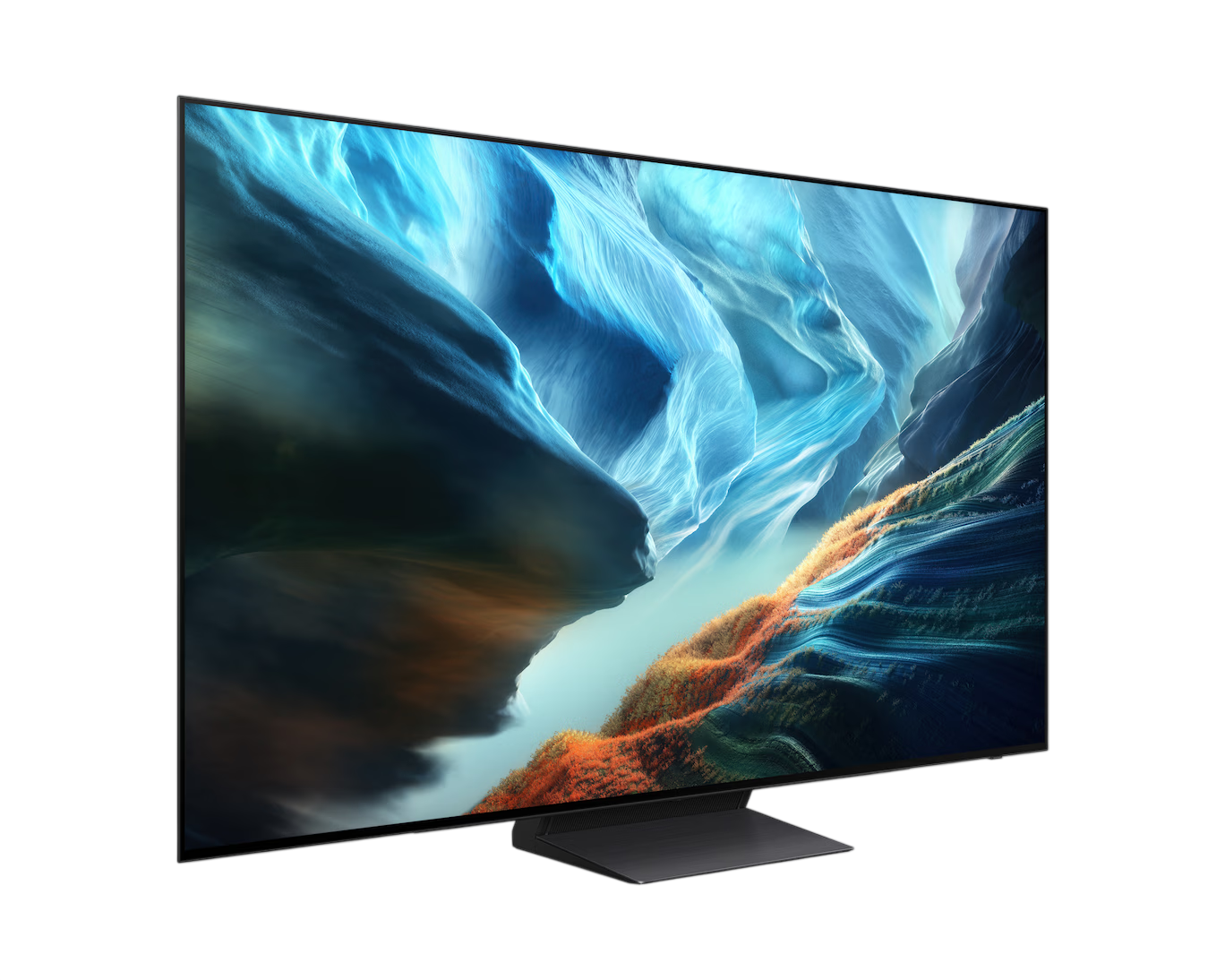 Modern bir televizyon, mavi ve turuncu kaya oluşumlarının soyut bir görüntüsünü sergiliyor.