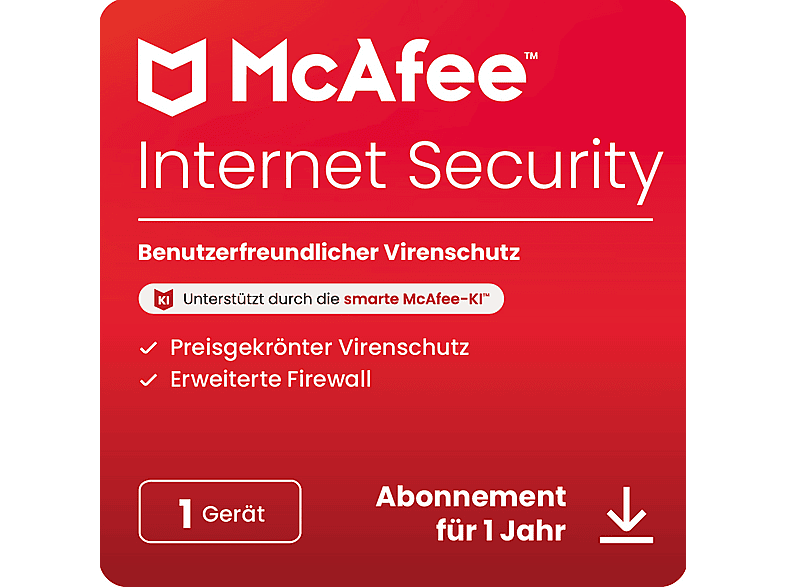 McAfee Internet Security 1 Gerät - 1 Jahr für Windows, macOS, Android, iOS, ChromeOS [Download Code]; Electronic Software Download