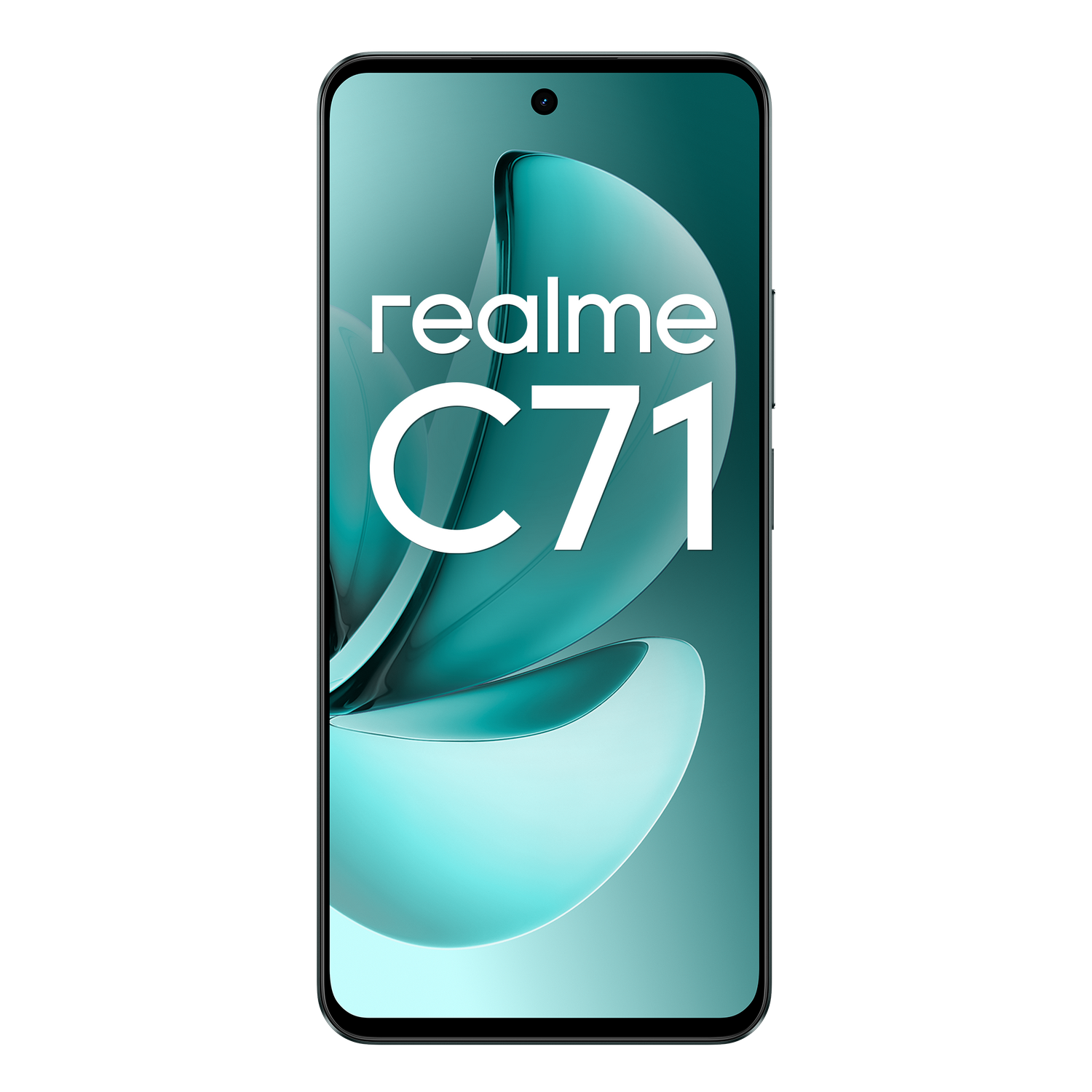 Un smartphone Realme C71 con fondo de color verde azulado.