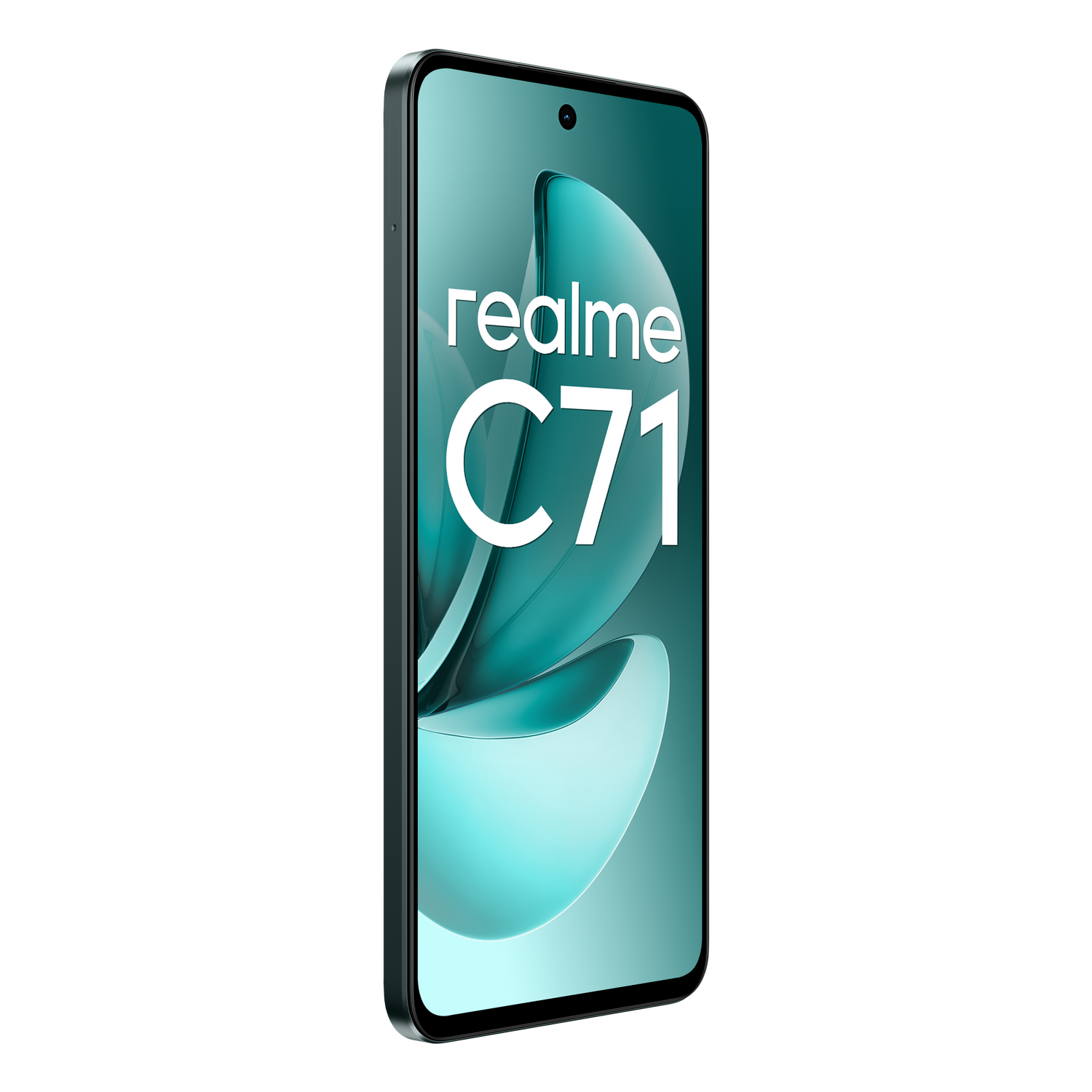Un smartphone Realme C71 con fondo turquesa y logo.